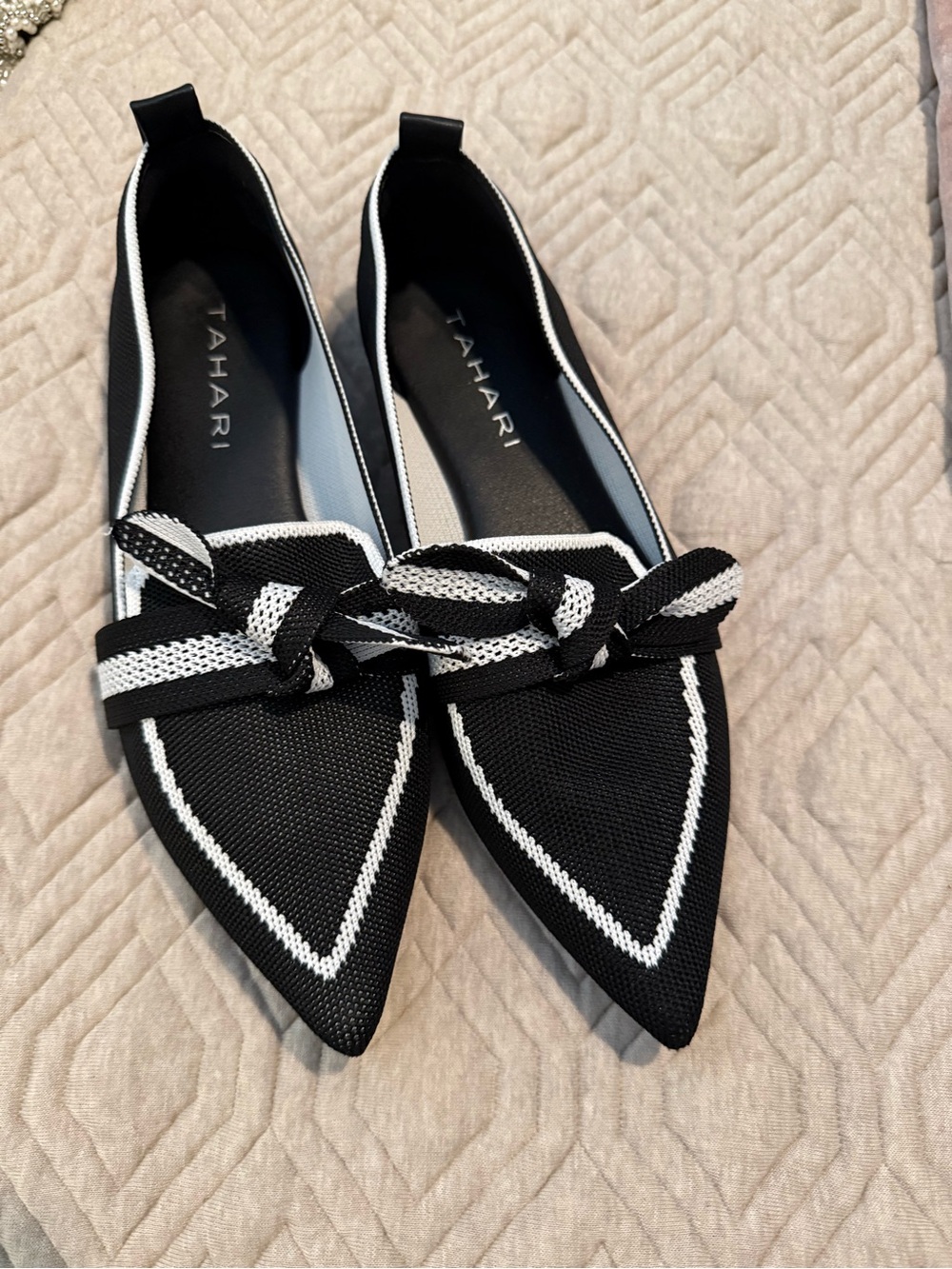 Tahari Black & White Pointed Knit Bow Flats